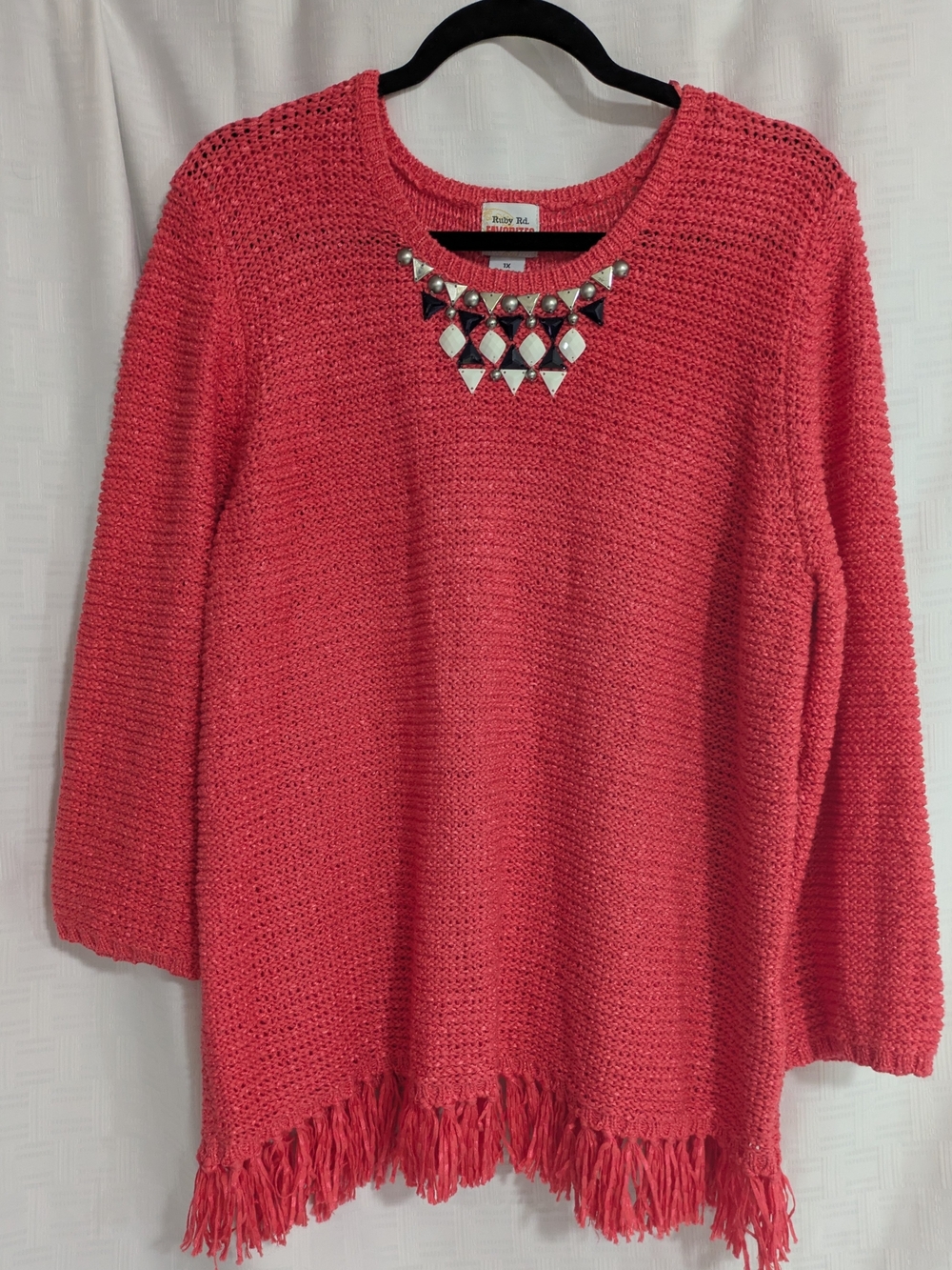 Ruby Rd Favorites 1X Coral Knit Sweater Beaded Embellished Neck Fringe Hem Boho